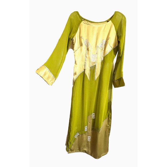 Asian Chinese Long Maxi Sheer Cocktail Dress Size S Green Metallic Silver - Picture 1 of 15